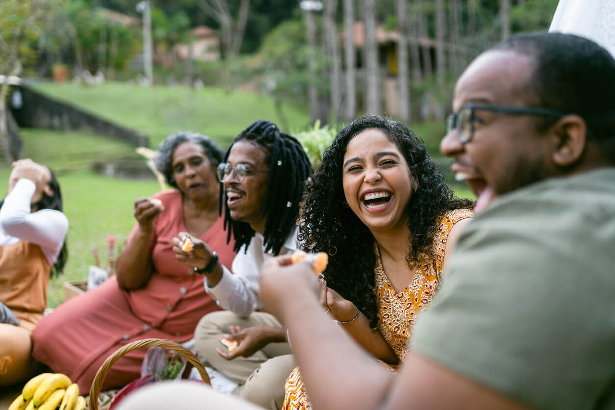 Smiling friends at the picnic